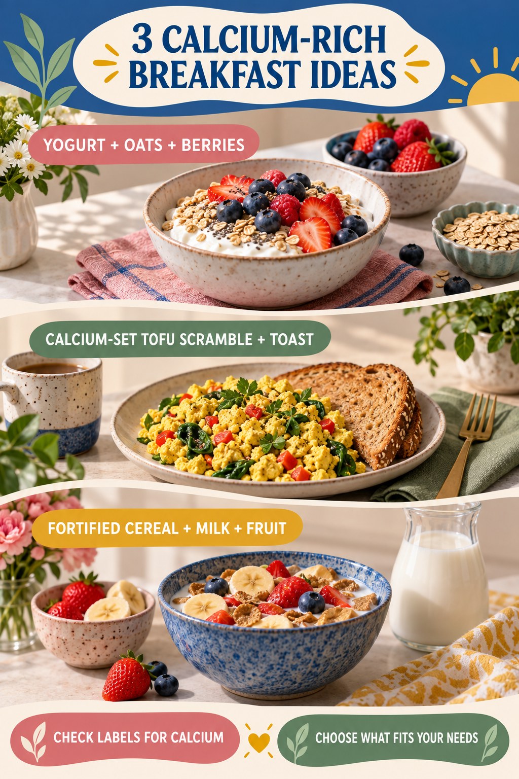 Portrait breakfast infographic showing yogurt with oats and berries, calcium-set tofu scramble with toast, and fortified cereal with milk and fruit.