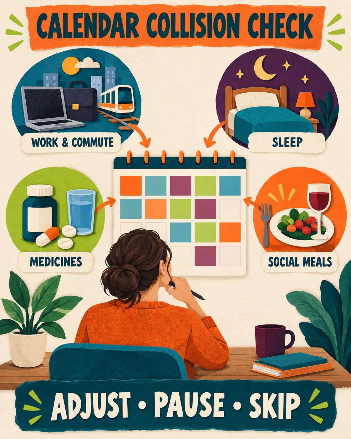 Tangerine, teal, plum, cream, and lime paper-cut calendar infographic with four fasting schedule checkpoints.