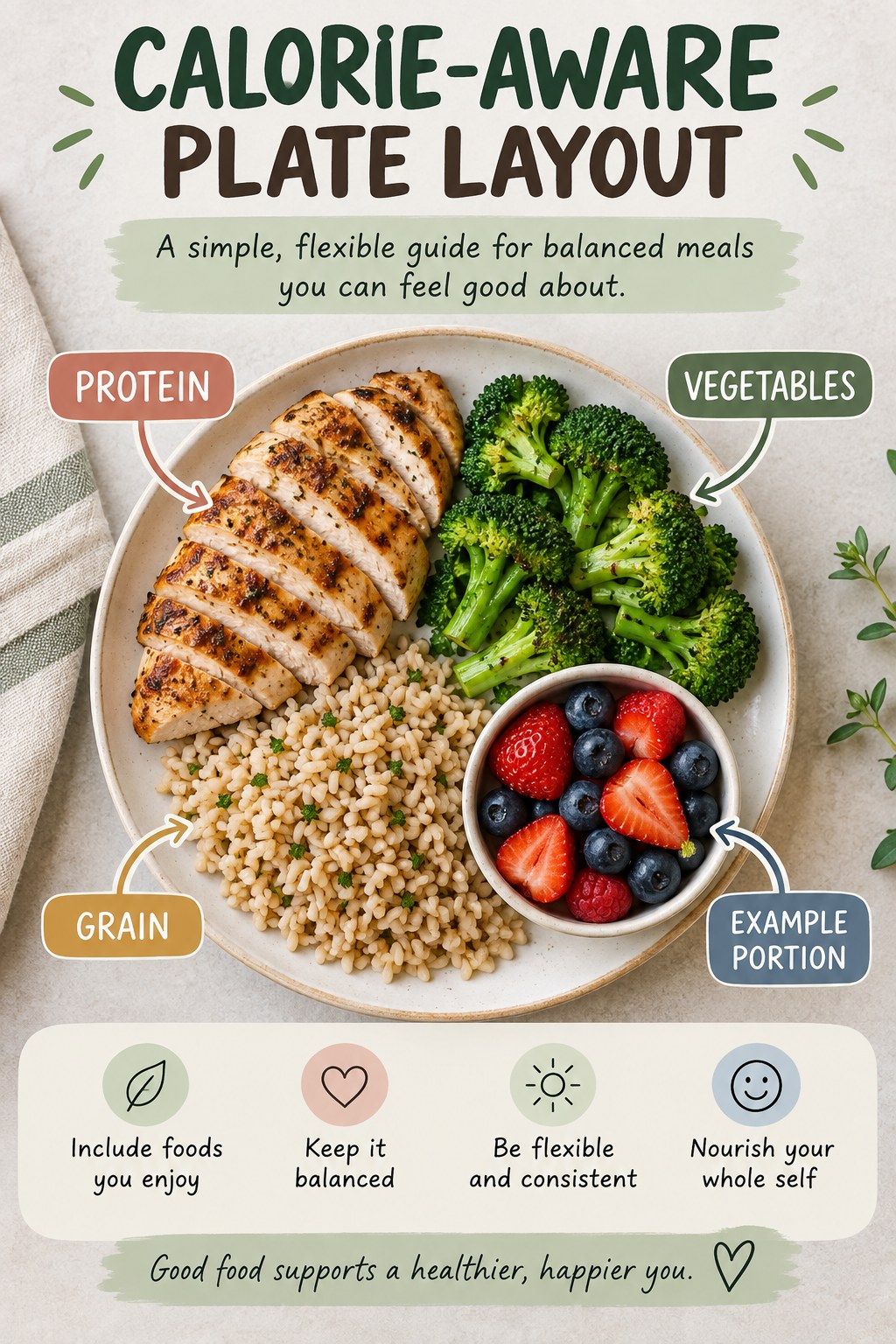 Calorie-Aware Plate Layout visual using grilled chicken, brown rice, broccoli, and berries as flexible example portions for Calorie Deficit.