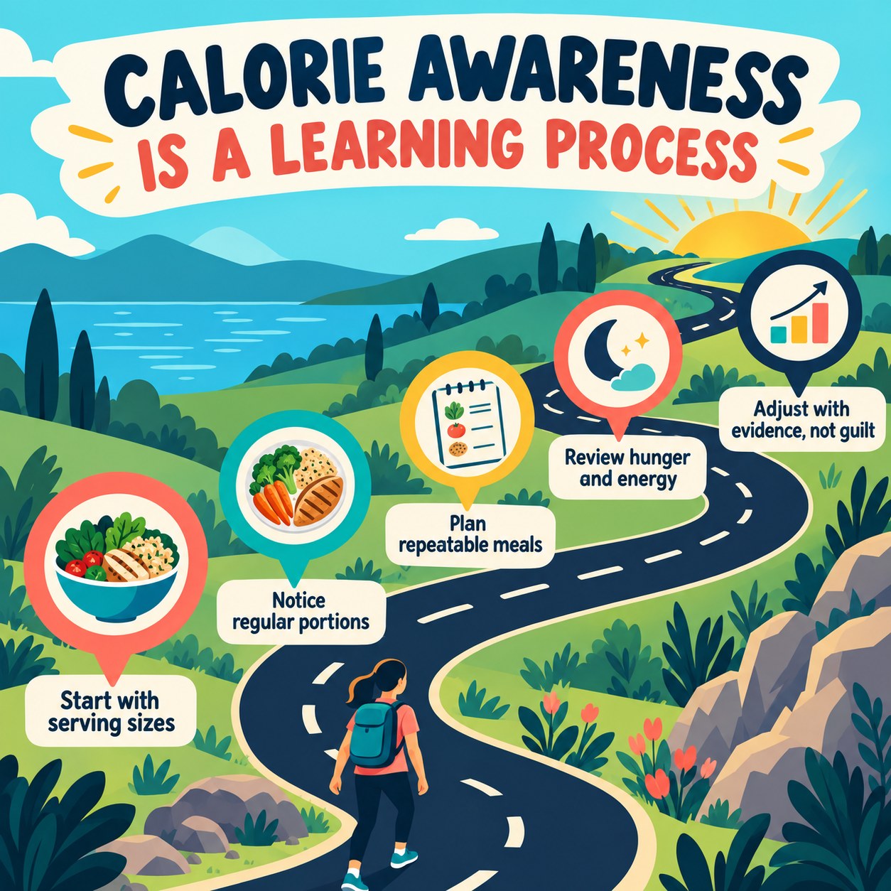 Roadmap infographic showing serving sizes, regular portions, repeatable meals, hunger and energy review, and evidence-based adjustment