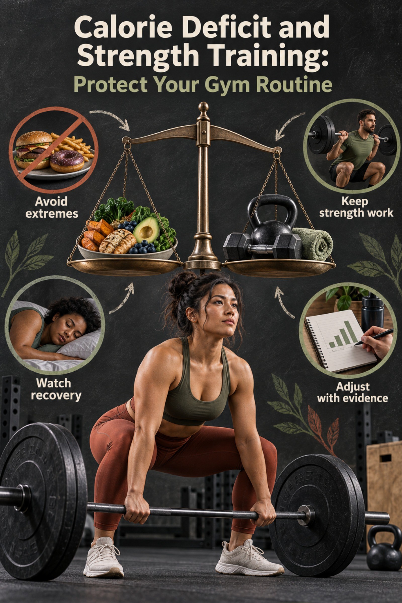Balanced scale graphic linking nutrition, strength work, sleep, and recovery. The image supports Calorie Deficit and Strength Training: Protect Your Gym Routine.