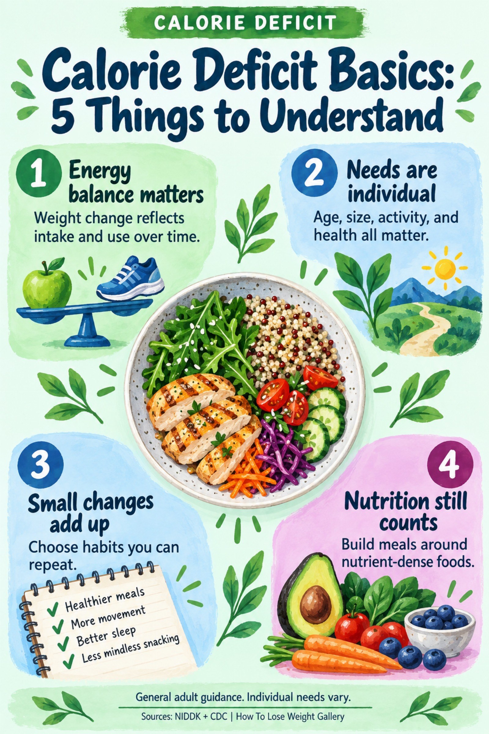 Colorful infographic titled Calorie Deficit Basics: 5 Things to Understand with four illustrated tips for Calorie Deficit.