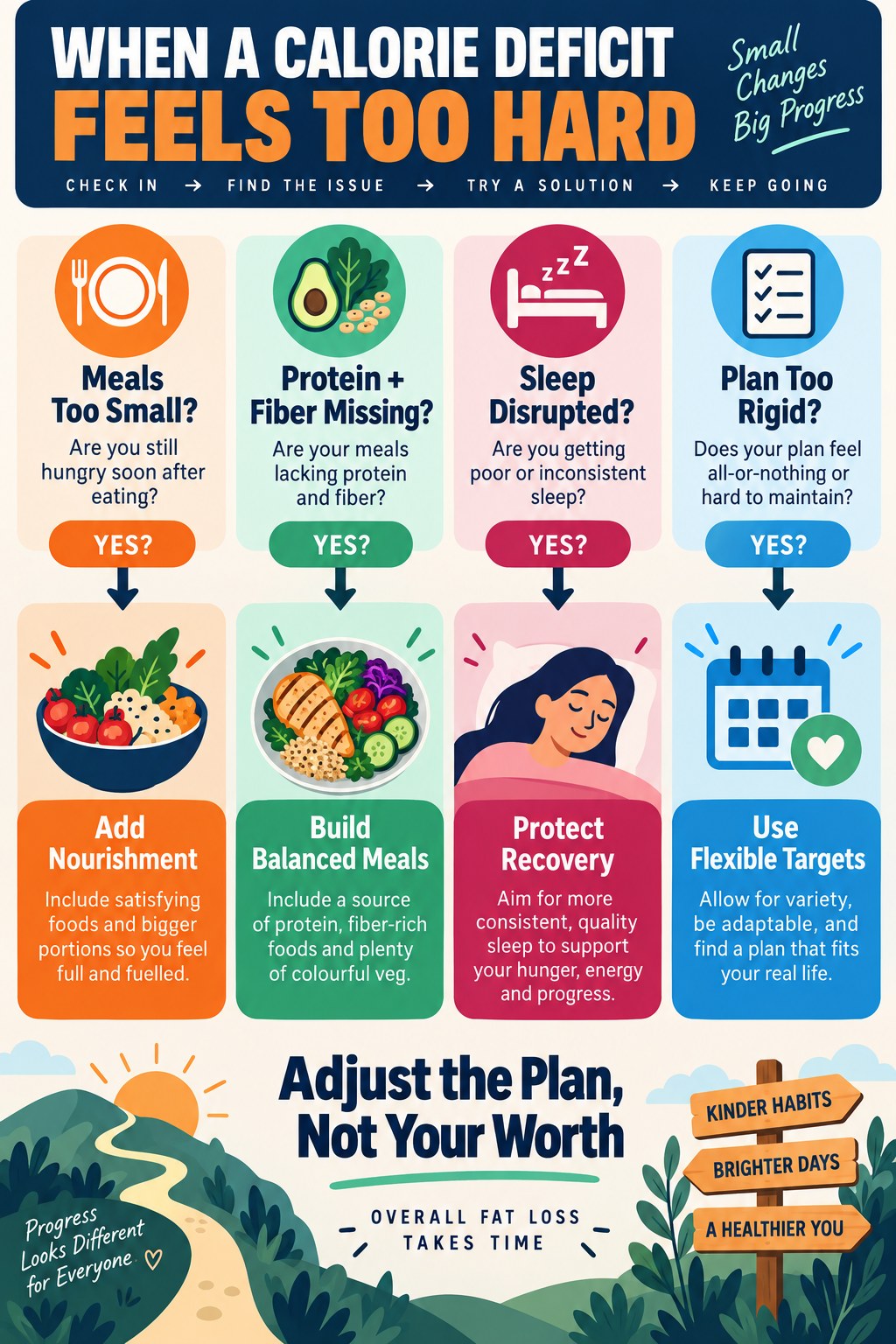 Portrait decision-tree infographic checking small meals, missing protein and fiber, disrupted sleep, and rigid calorie-deficit plans.