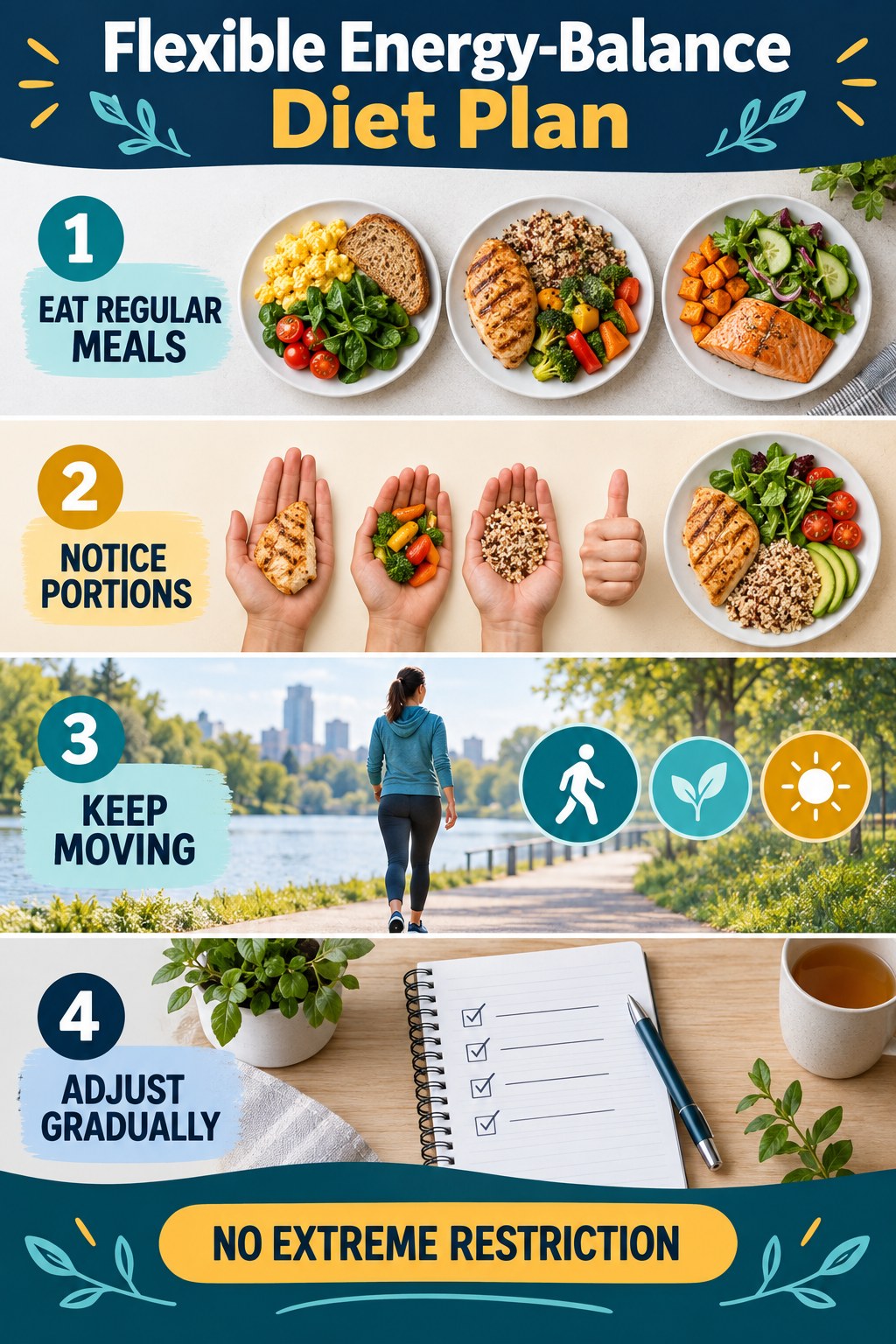Navy and teal flexible energy-balance diet plan infographic showing regular meals, portions, walking, and gradual adjustment.