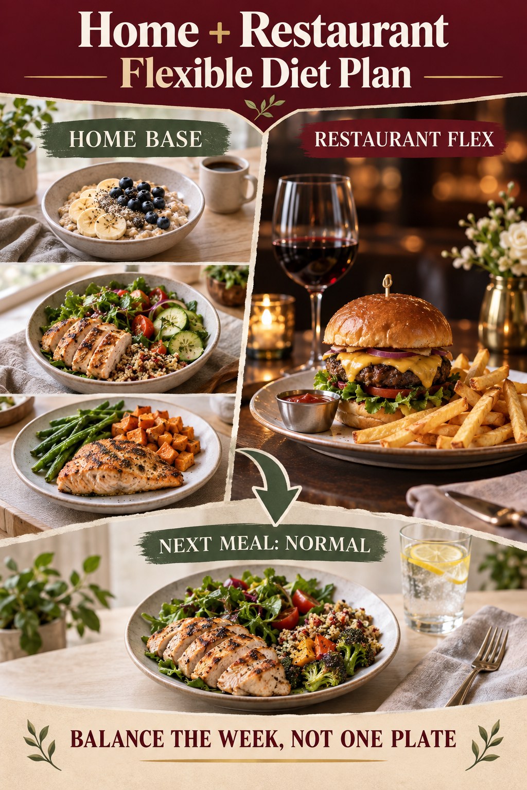 Burgundy and sage home-and-restaurant flexible diet plan infographic with home meals, restaurant dinner, and normal next meal.