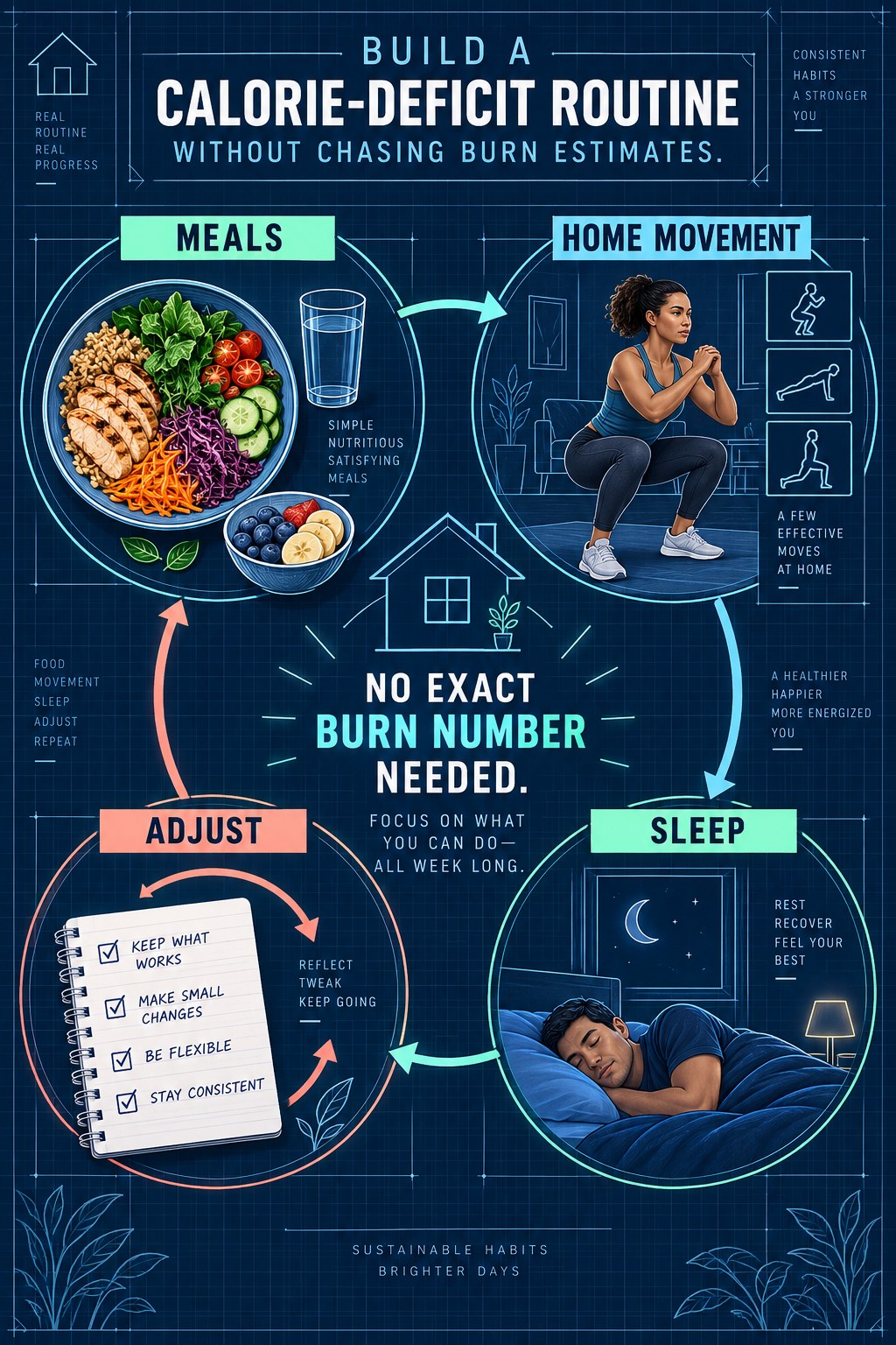 Blueprint diagram linking meals, home movement, sleep, and flexible adjustments without an exact burn number.
