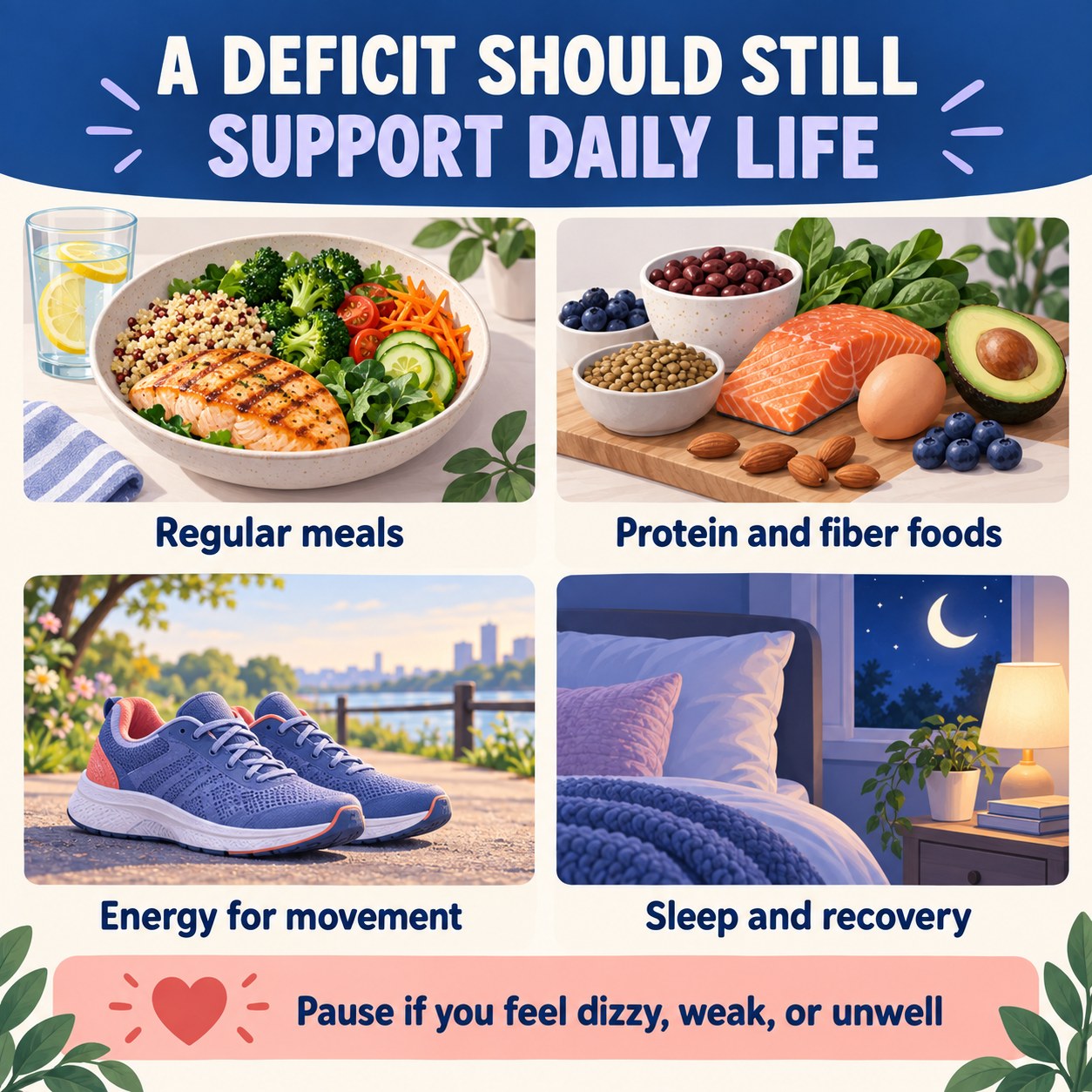 Infographic showing regular meals, protein and fiber foods, movement energy, sleep, and a warning to pause if dizzy, weak, or unwell