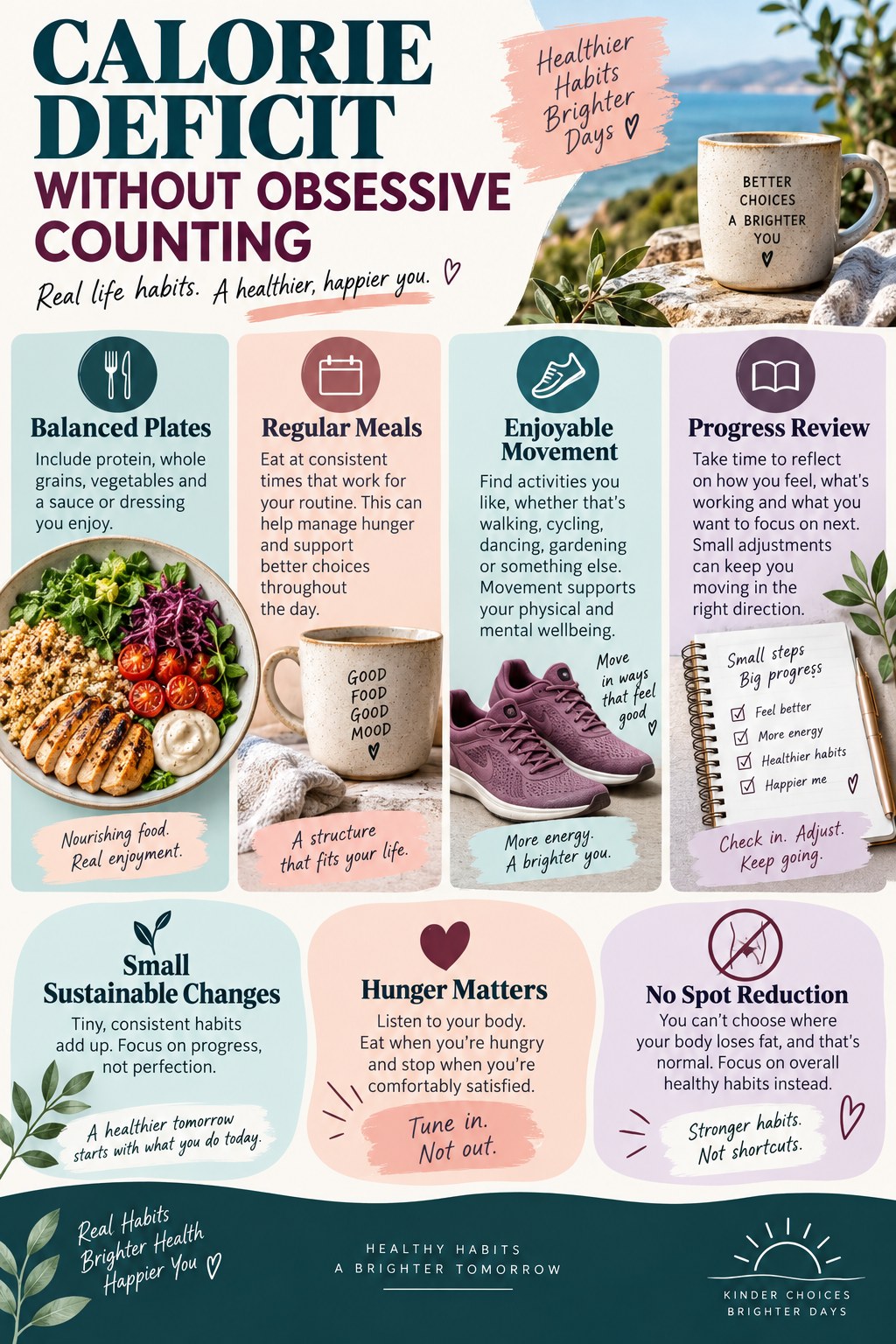 Portrait infographic showing balanced plates, regular meals, enjoyable movement, progress review, hunger awareness, and no spot reduction.