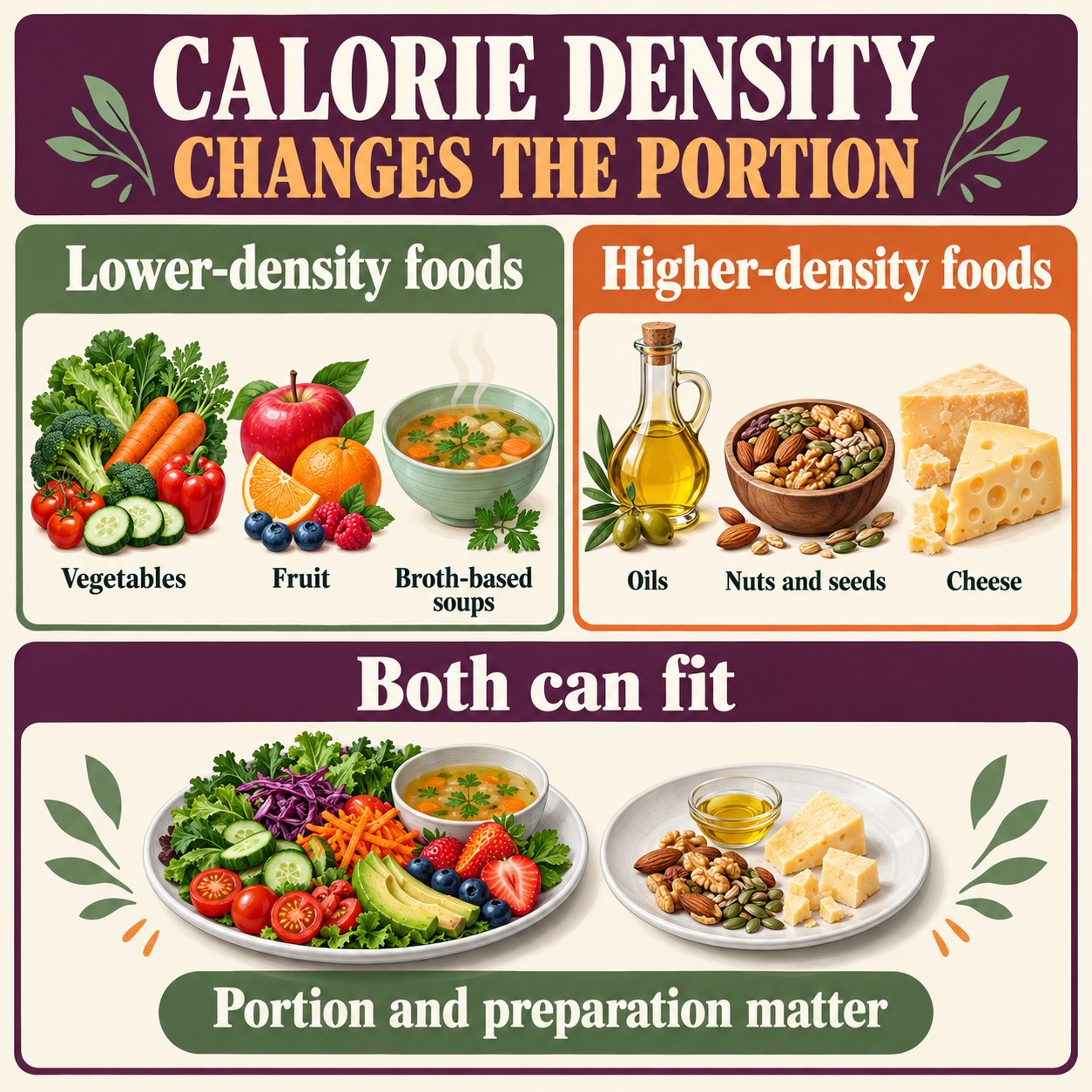 Infographic comparing lower-density foods such as vegetables, fruit, and broth-based soup with higher-density oils, nuts, seeds, and cheese