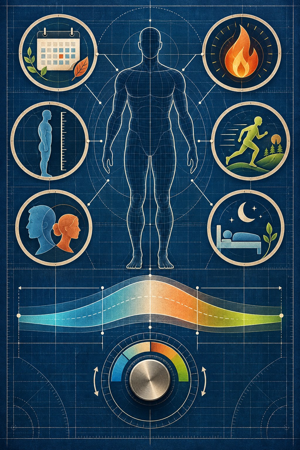 Blueprint infographic linking an adult silhouette to age, body size, metabolism, activity, sex, sleep, and a range dial.