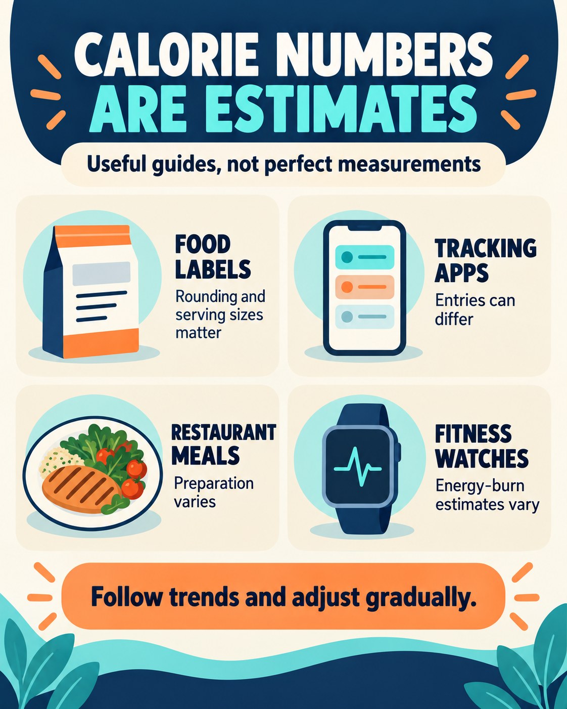 Navy, turquoise, orange, and cream infographic explaining that food labels, apps, restaurant meals, and fitness watches give calorie estimates.