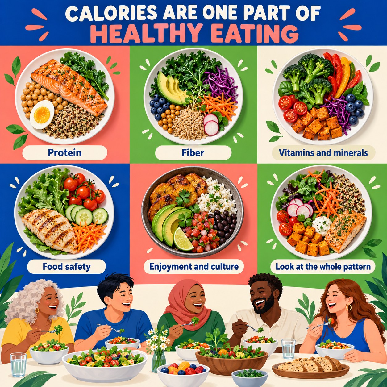 Infographic showing that calories are one part of healthy eating alongside protein, fiber, vitamins, minerals, food safety, enjoyment, and culture