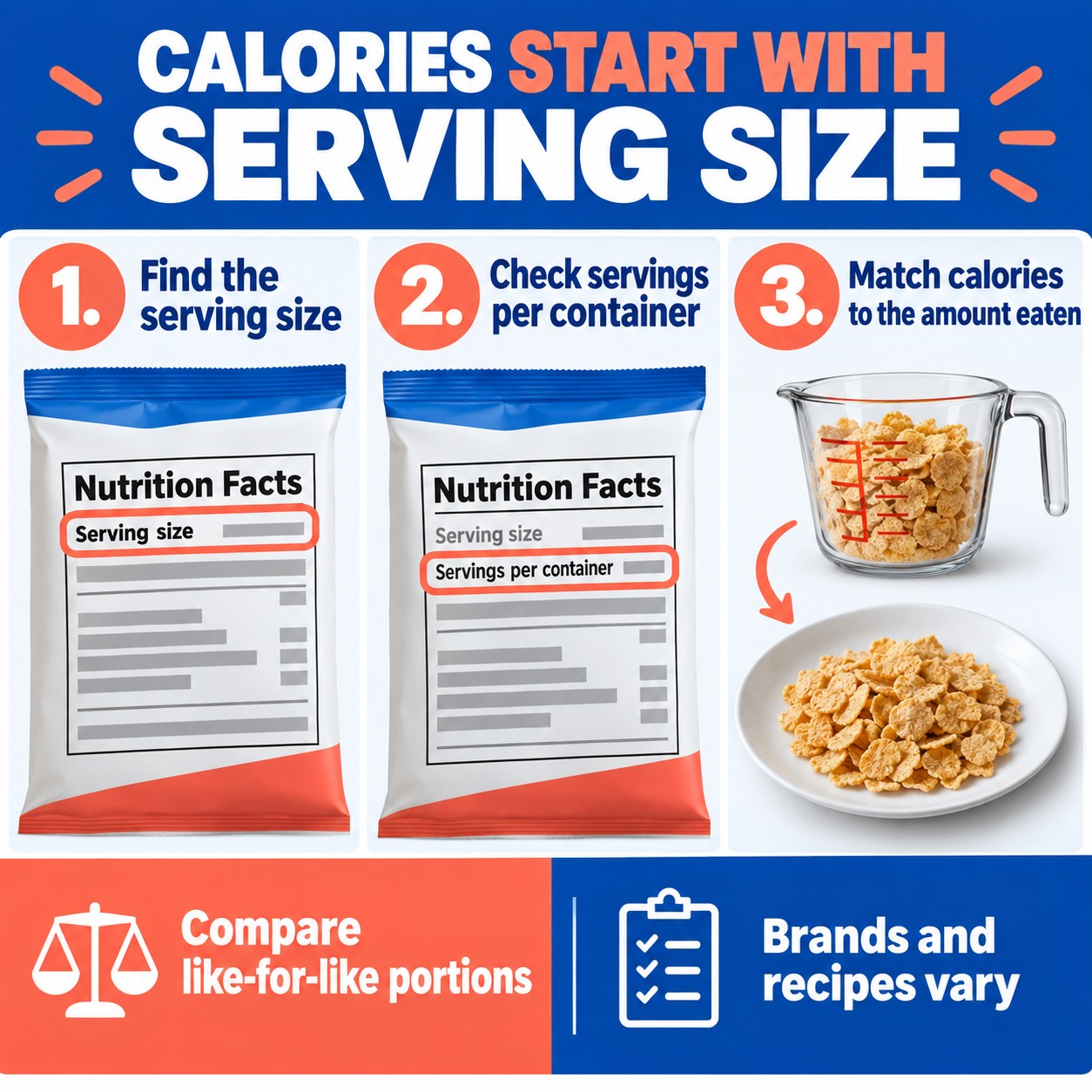 Infographic explaining that calories start with serving size, servings per container, and the amount actually eaten