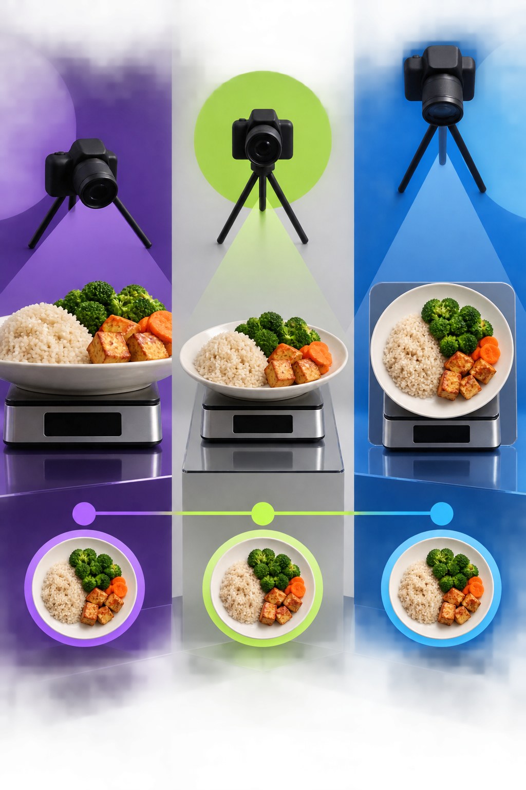 Vertical optical-illusion infographic showing the same rice, vegetables, and tofu plate on identical scales from three camera angles.