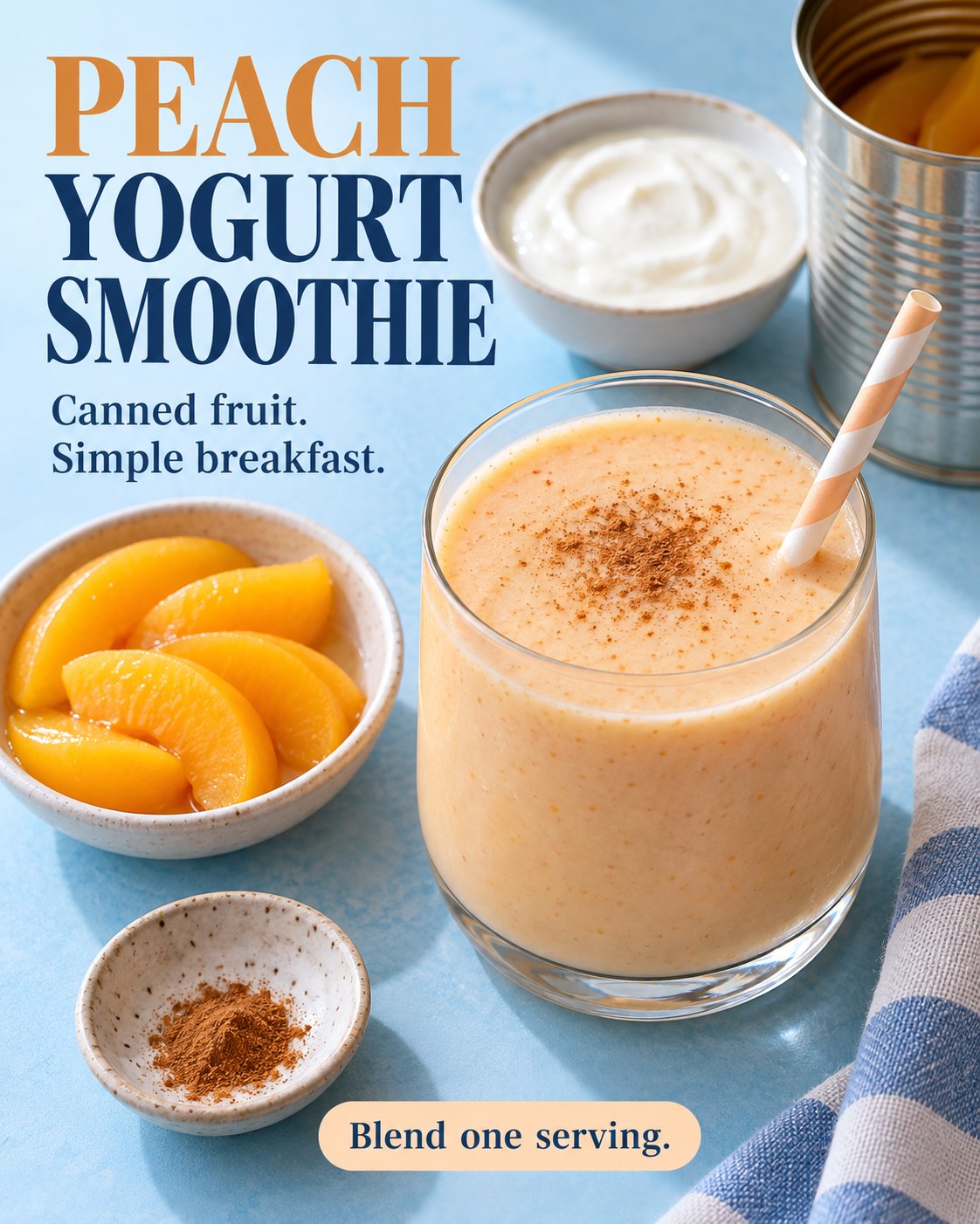 Pale peach smoothie in a short glass with peach slices and a bowl of yogurt, under a peach yogurt smoothie headline.