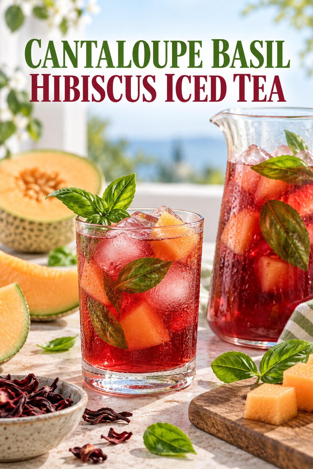 Portrait drink scene with cantaloupe, fresh basil, ice, and a chilled glass of hibiscus iced tea.