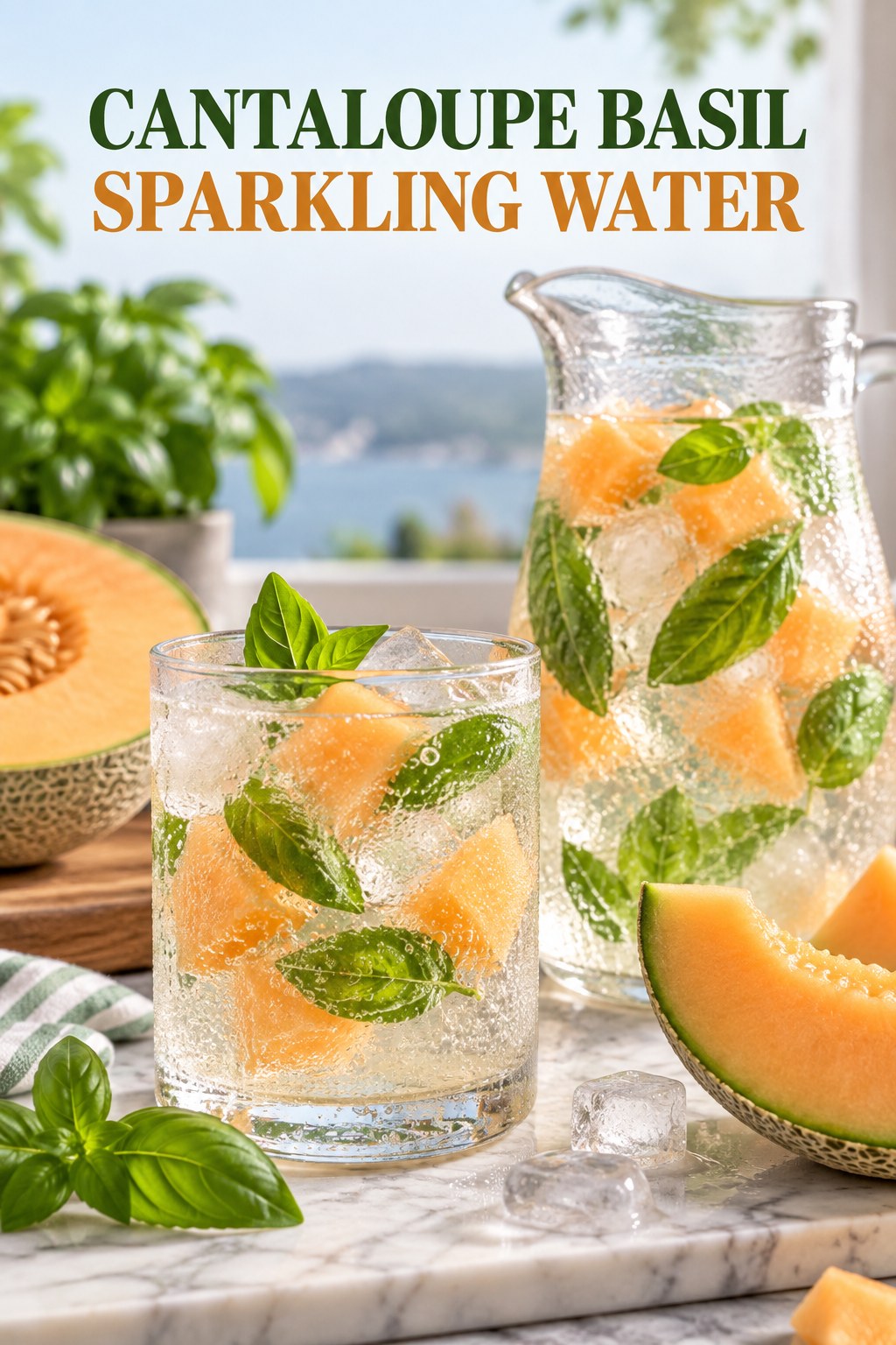 Portrait drink scene with cantaloupe, fresh basil, ice, and a chilled glass of sparkling water.