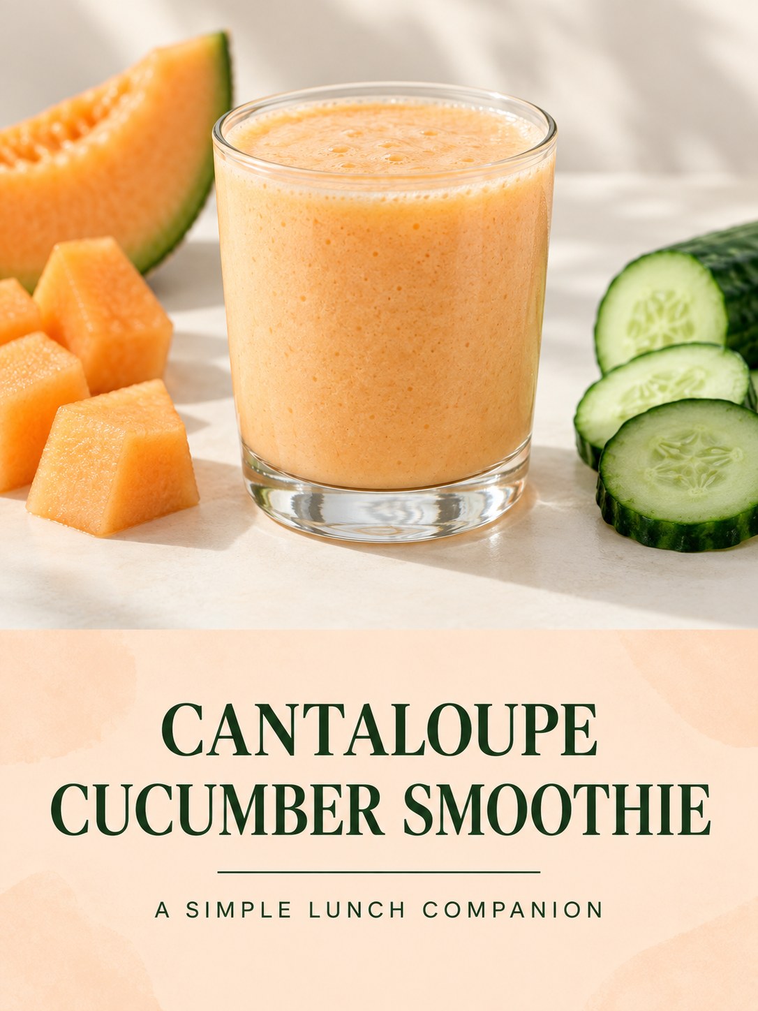Pale orange cantaloupe cucumber smoothie in a small glass with melon cubes and cucumber slices on a cream surface, labeled Cantaloupe Cucumber Smoothie.
