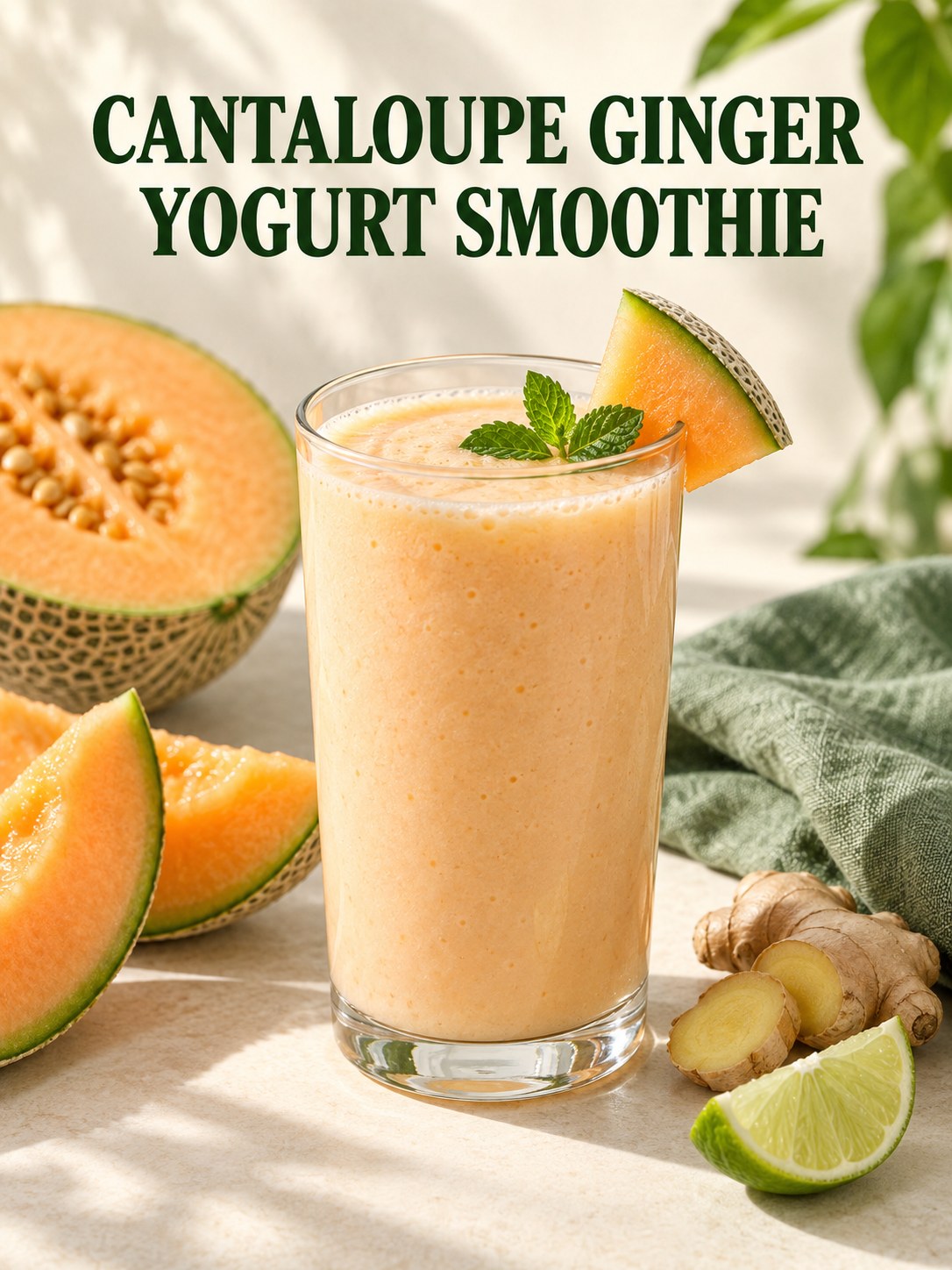 Pale orange cantaloupe yogurt smoothie beside melon wedges, ginger, and lime on a cream and green tabletop.