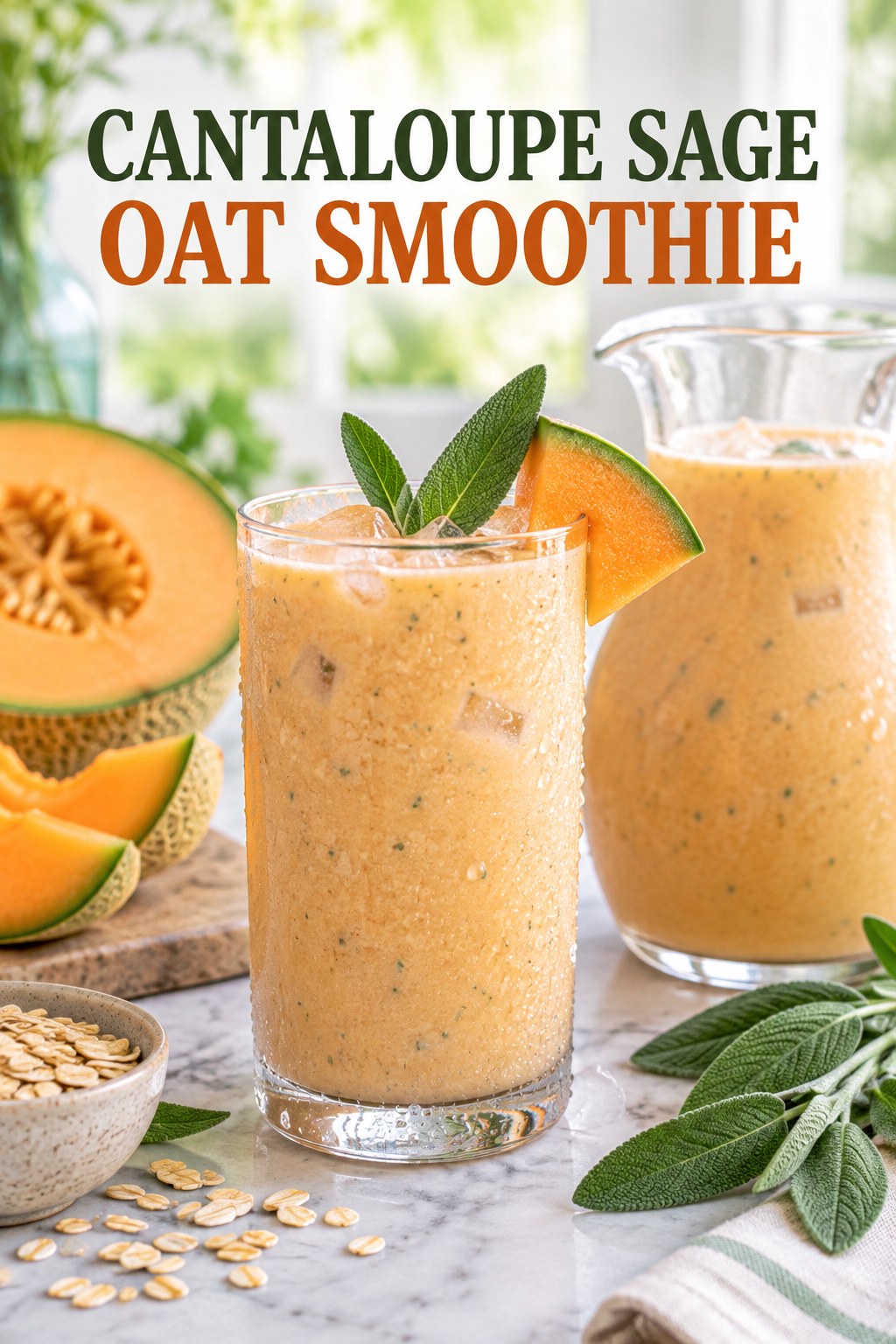 Portrait drink scene with cantaloupe, fresh sage, ice, and a chilled glass of oat smoothie.