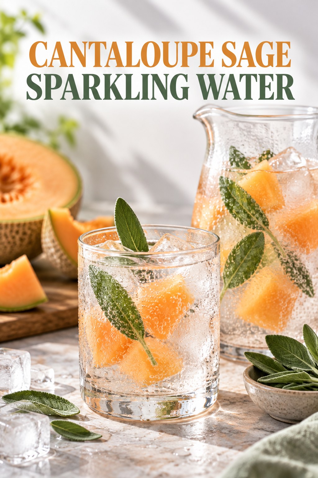 Portrait drink scene with cantaloupe, fresh sage, ice, and a chilled glass of sparkling water.