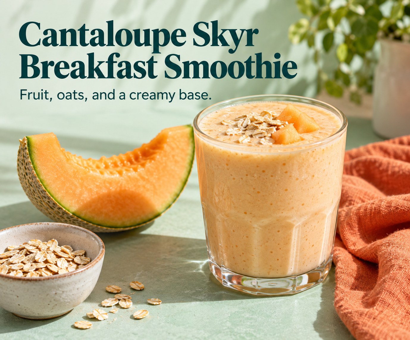 Pale orange cantaloupe skyr smoothie in a short glass beside melon and rolled oats.