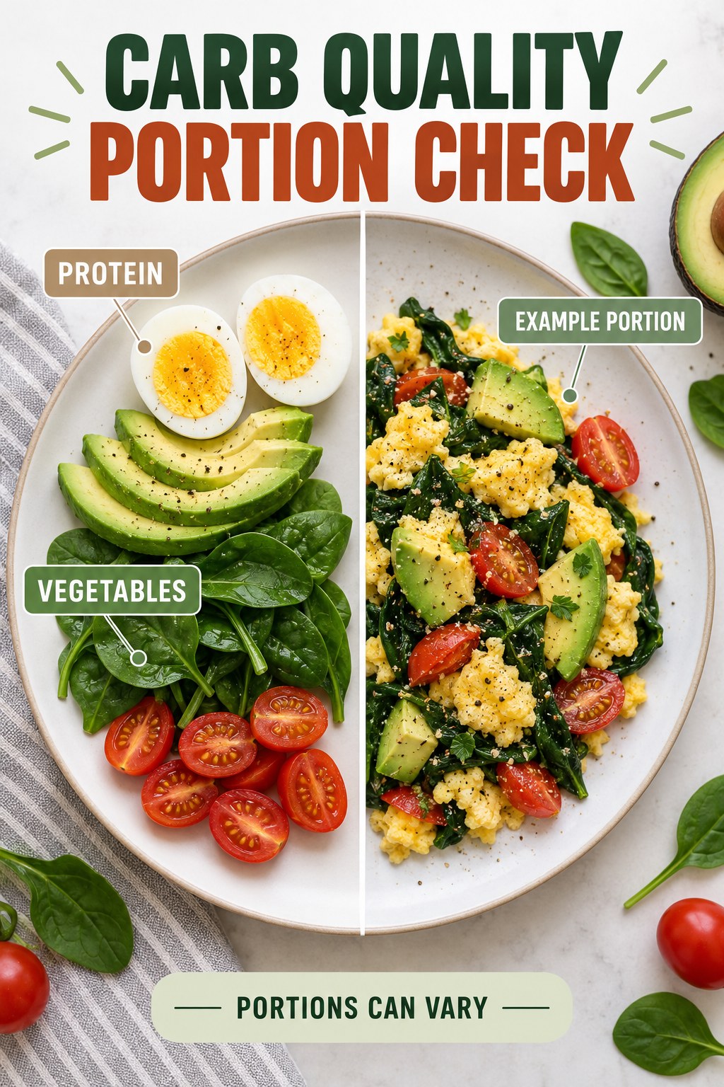Carb Quality Portion Check visual using eggs, avocado, spinach, and tomato as flexible example portions for Low Carb Diet.
