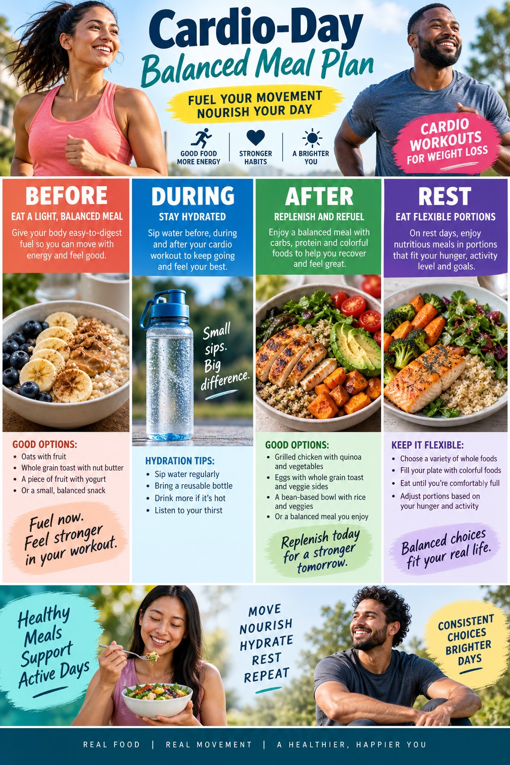 Portrait infographic showing a cardio-day balanced meal plan with food before exercise, water during, a recovery meal, and flexible rest-day portions.