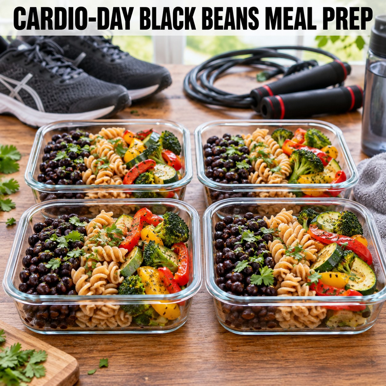 Three containers of cardio-day black beans whole-grain pasta prep boxes with black beans, whole-grain pasta, cabbage, and asparagus.