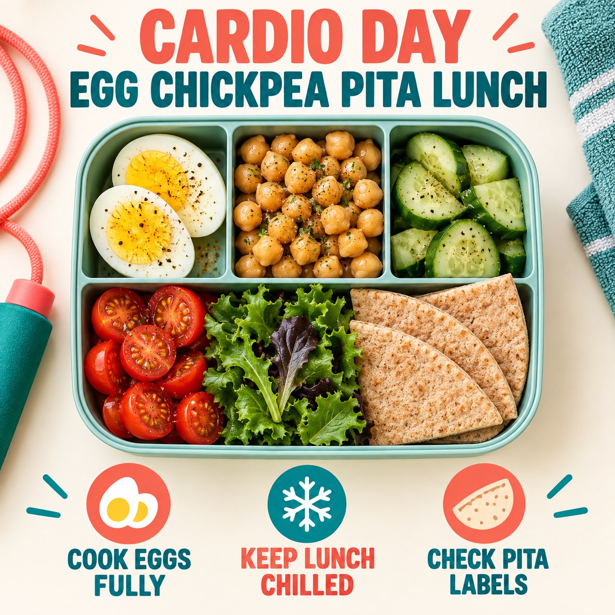 Infographic for a cardio-day egg chickpea pita lunch with fully cooked egg, chilling, and pita label reminders