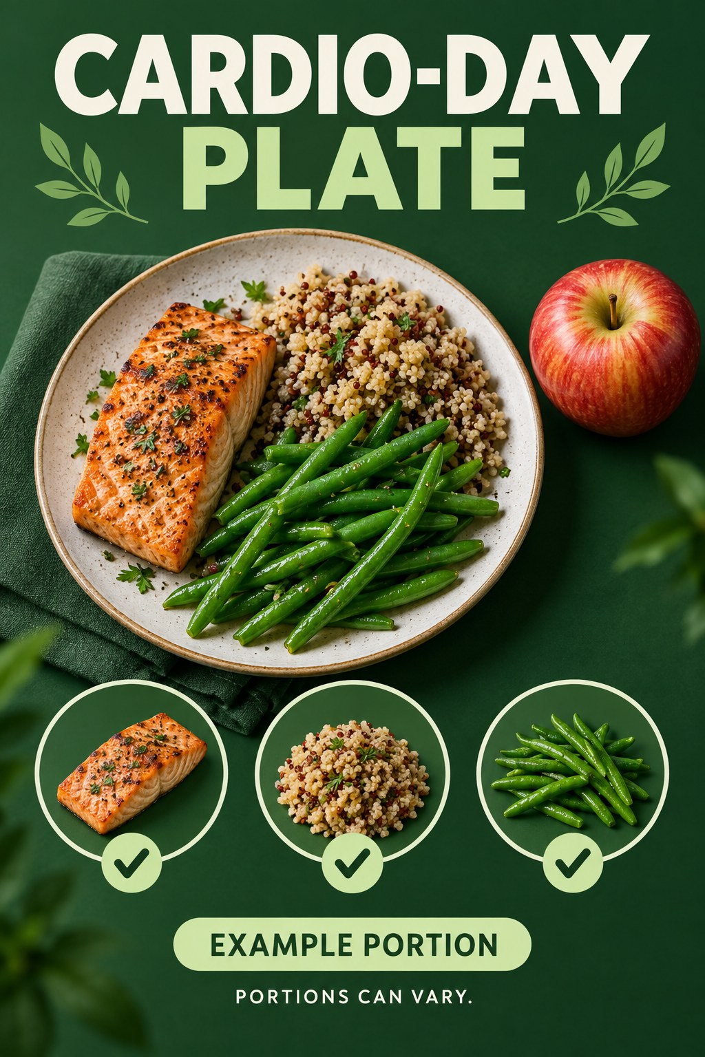 Cardio-Day Plate visual using salmon, quinoa, green beans, and apple as flexible example portions for Cardio Workouts for Weight Loss.