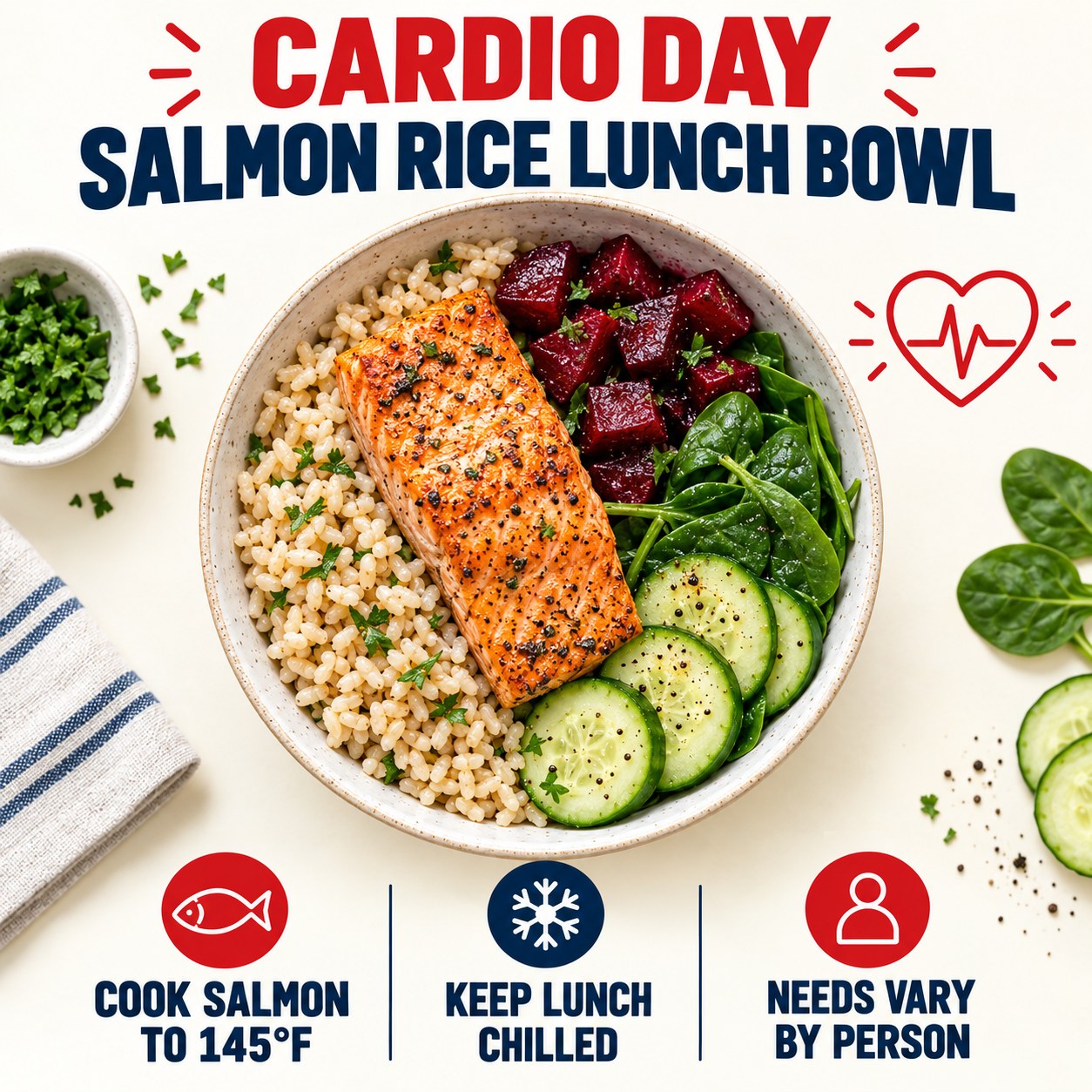 Infographic for a cardio-day salmon rice beet lunch bowl with salmon temperature, chilling, and varying need reminders