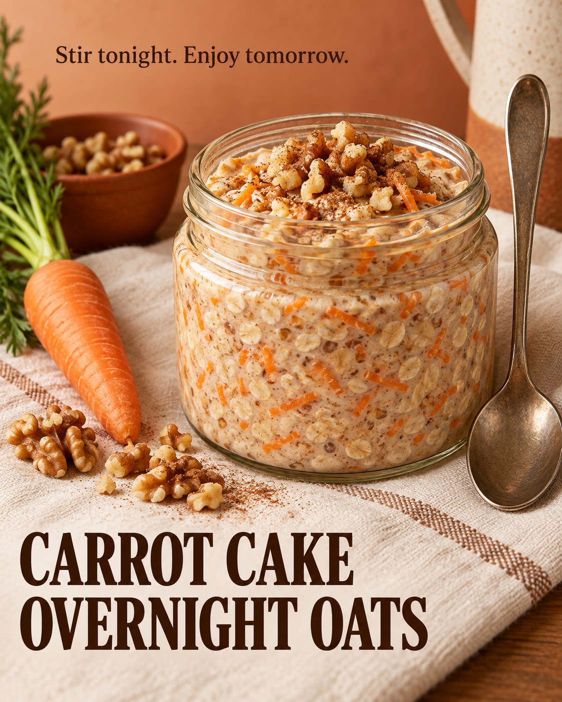 A jar of creamy overnight oats with fine carrot shreds and walnuts under the text Carrot Cake Overnight Oats.