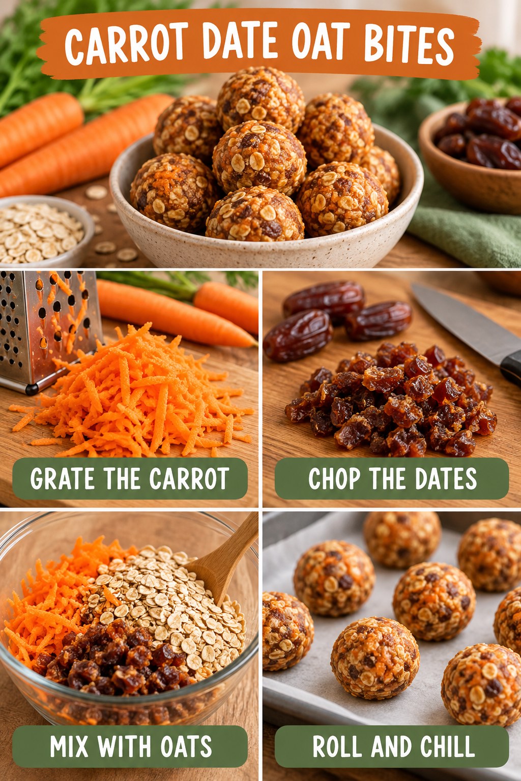 Carrot date oat bite infographic showing grated carrot, chopped dates, oats, mixing, rolling, and chilled bites.