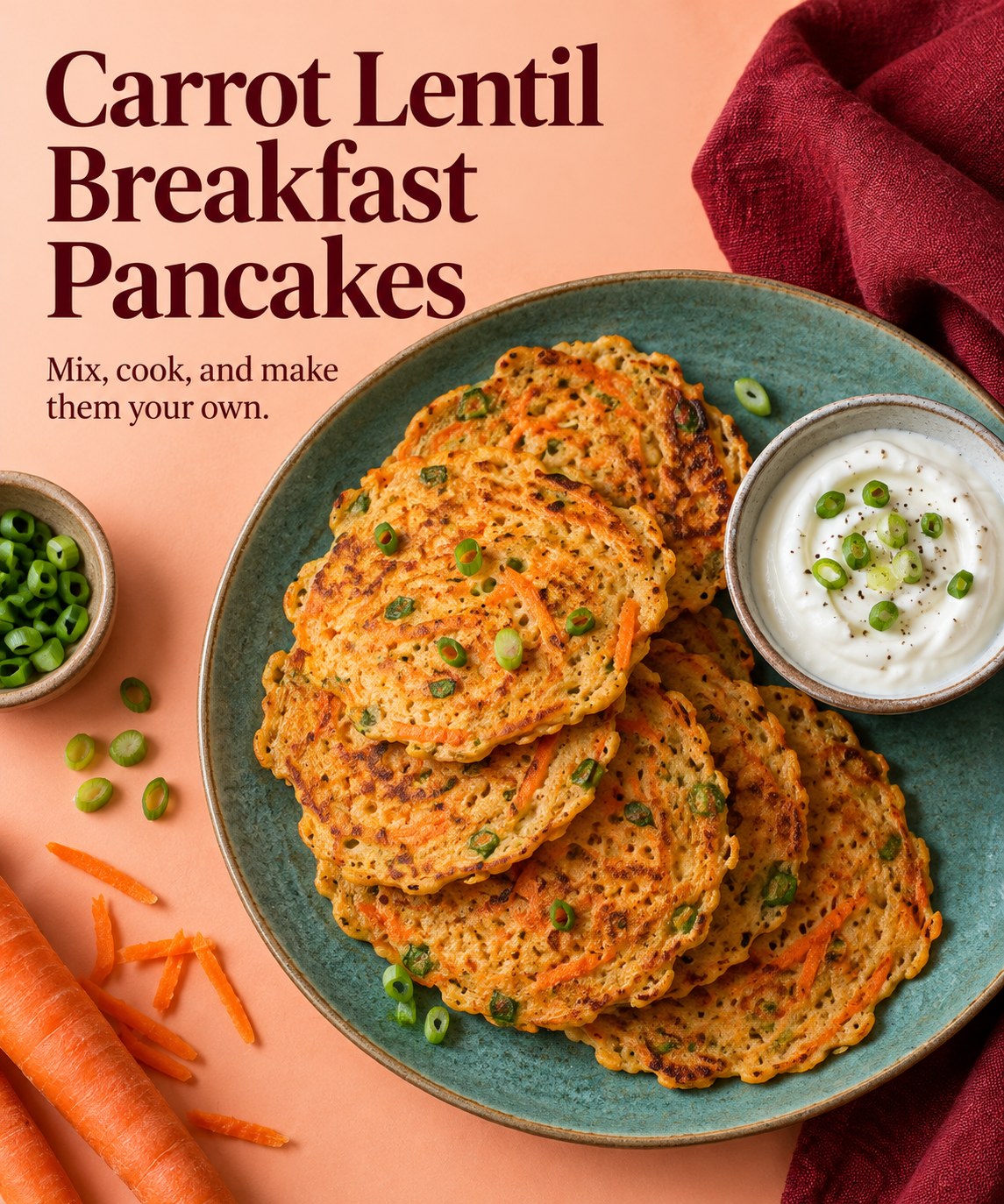 Savory carrot and red lentil pancakes with scallion on a teal plate beside plain yogurt dip.
