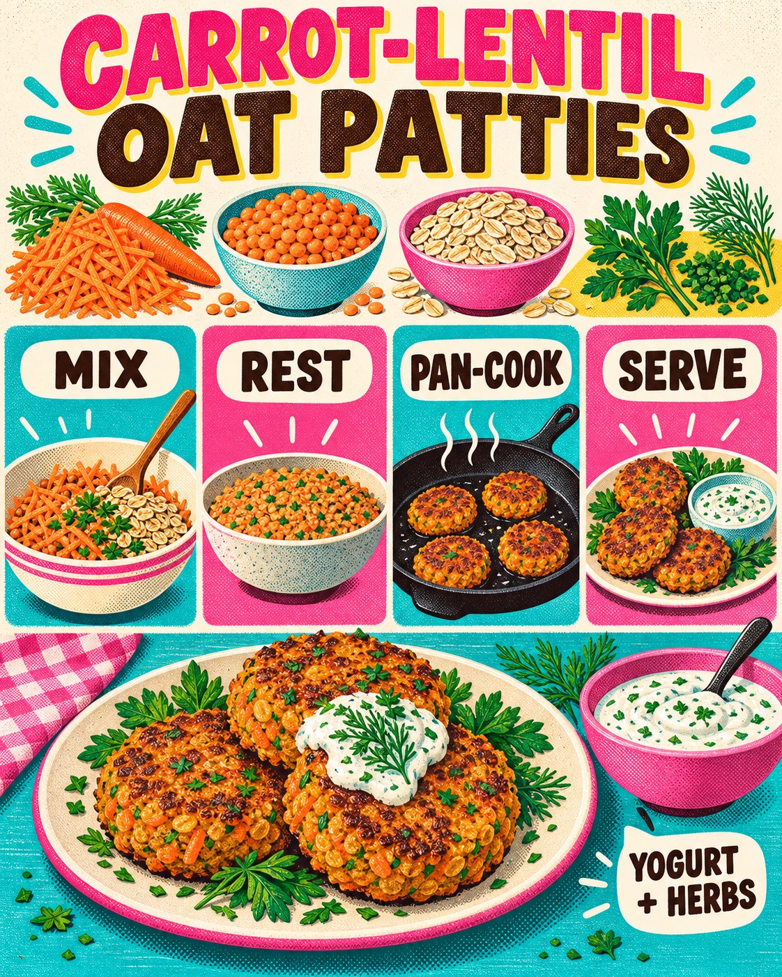 Turquoise, pink, mustard, brown, and cream risograph recipe infographic for carrot-lentil oat patties.