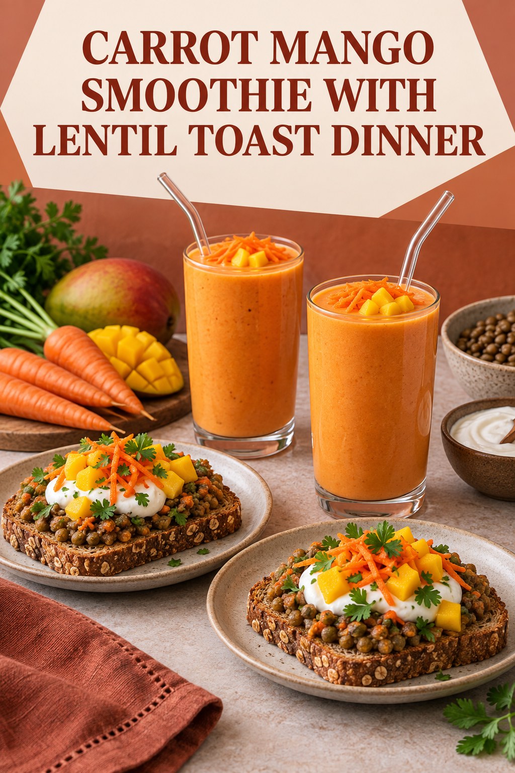 Two servings of carrot mango smoothie with lentil toast dinner made with carrot, mango, and vegetables.