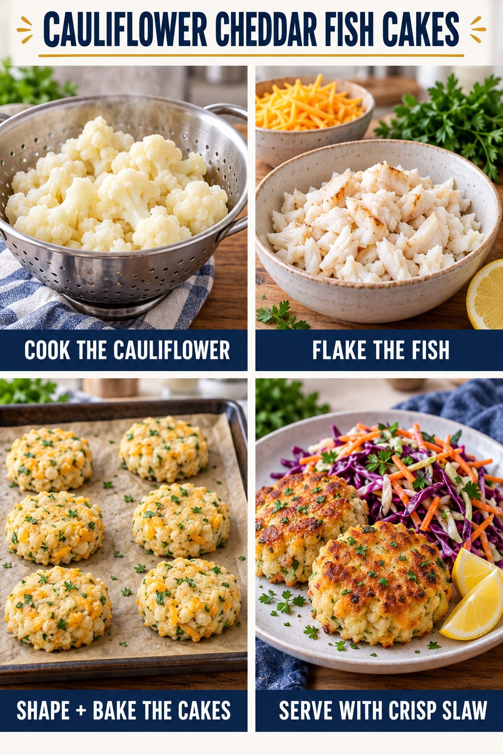 Cauliflower cheddar fish cake infographic showing cooked cauliflower, flaked white fish, shaped cakes on a tray, baking, and crisp slaw.