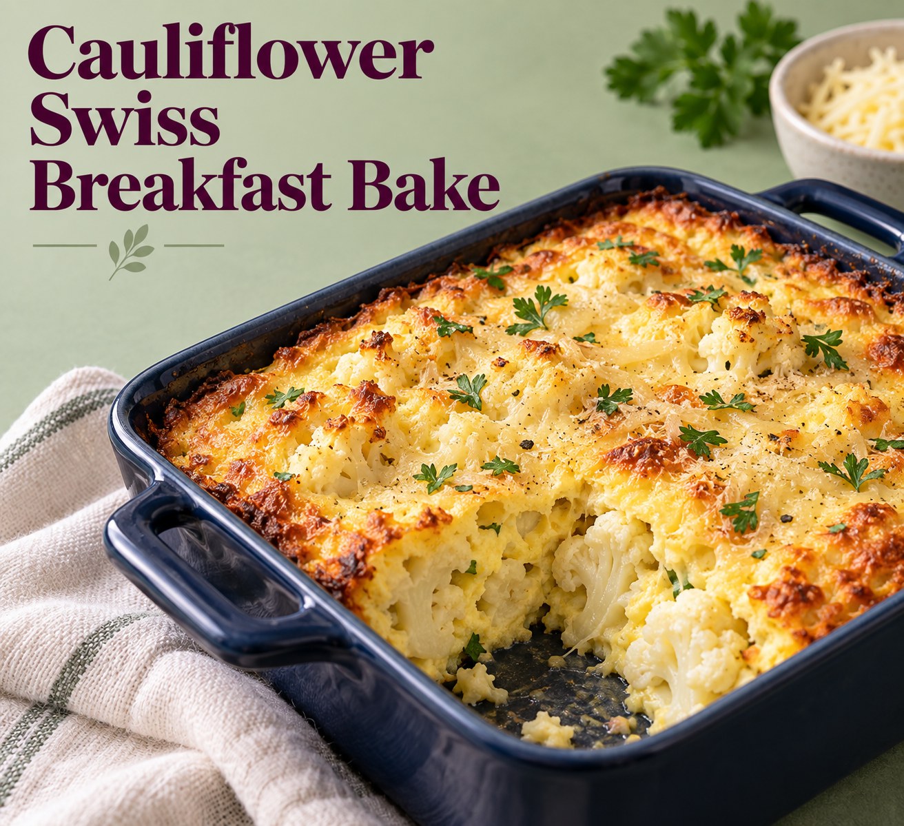 A cauliflower Swiss cheese egg bake in a navy dish beneath the words Cauliflower Swiss Breakfast Bake.