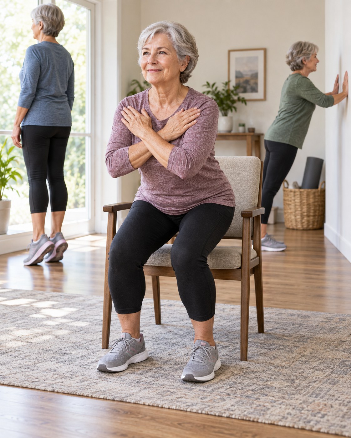 Older adult performing a controlled chair sit-to-stand with heel raises and wall push-ups shown nearby