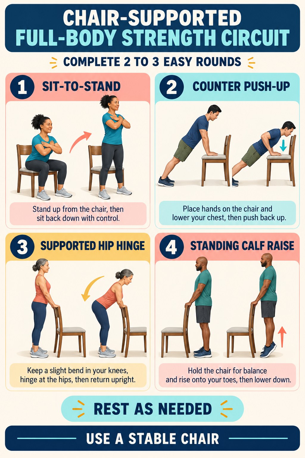 Chair-supported circuit showing sit-to-stands, incline push-ups, rows, calf raises, and marching.