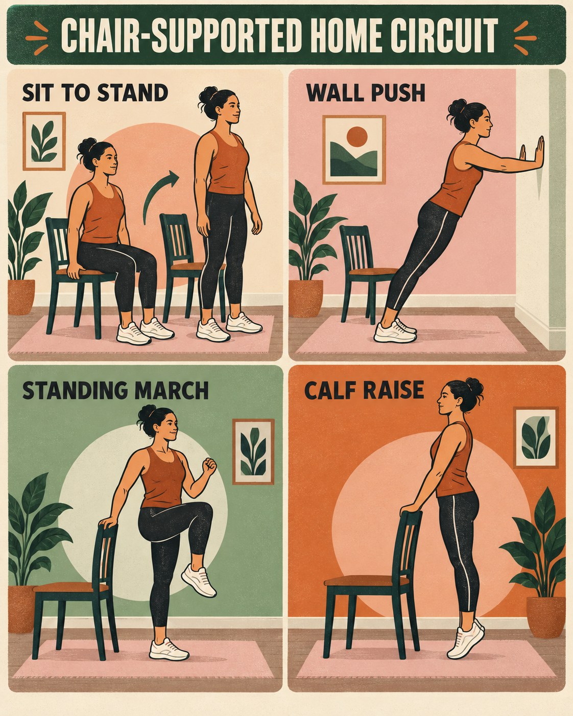 Orange, forest green, cream, and pink screenprint infographic showing four chair-supported home movements.