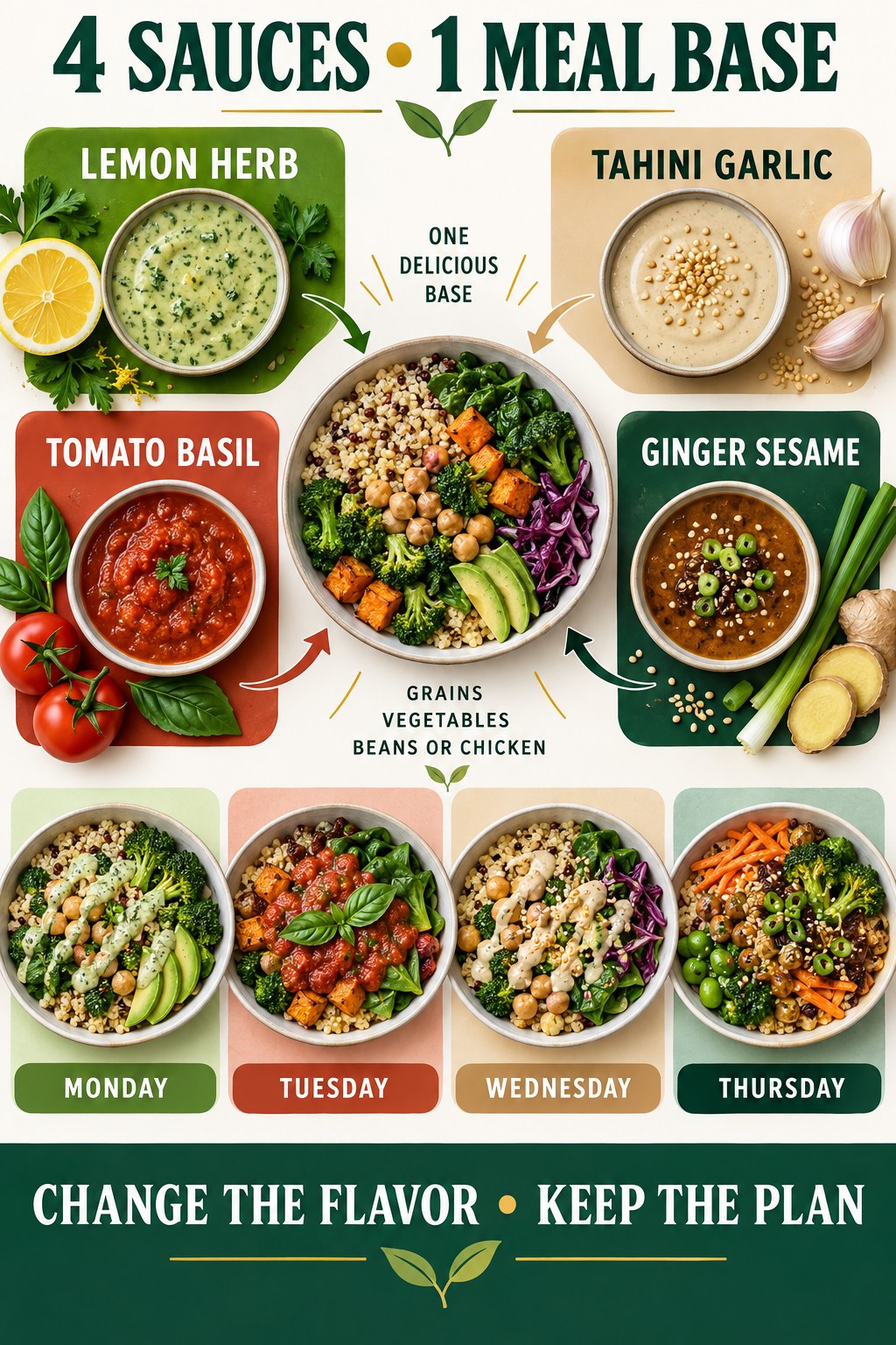 Four-sauce meal plan infographic with lemon herb, tahini garlic, tomato basil, and ginger sesame around one balanced bowl base.