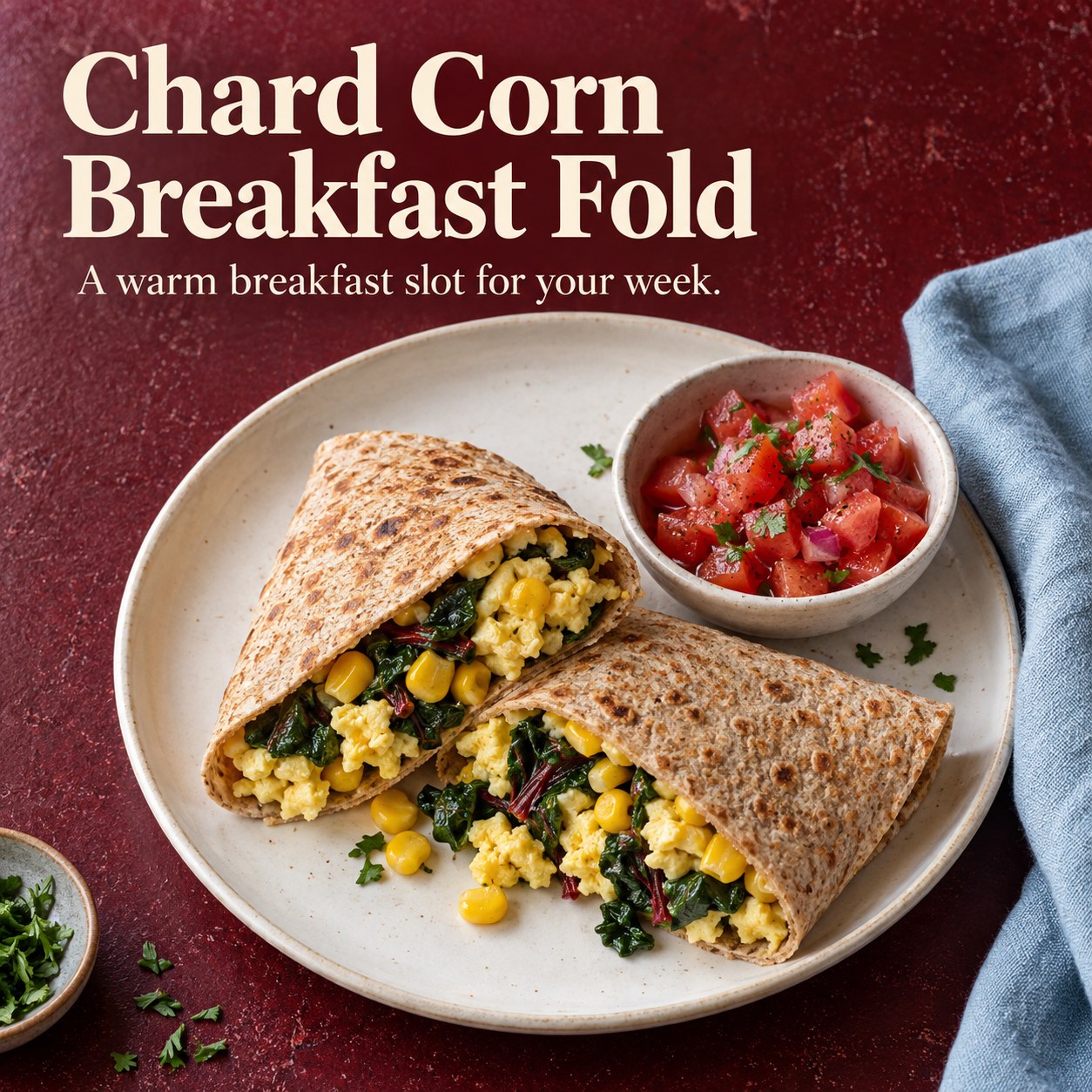 Wholewheat tortilla filled with scrambled egg, chard, and corn, cut in half beside tomato salsa.