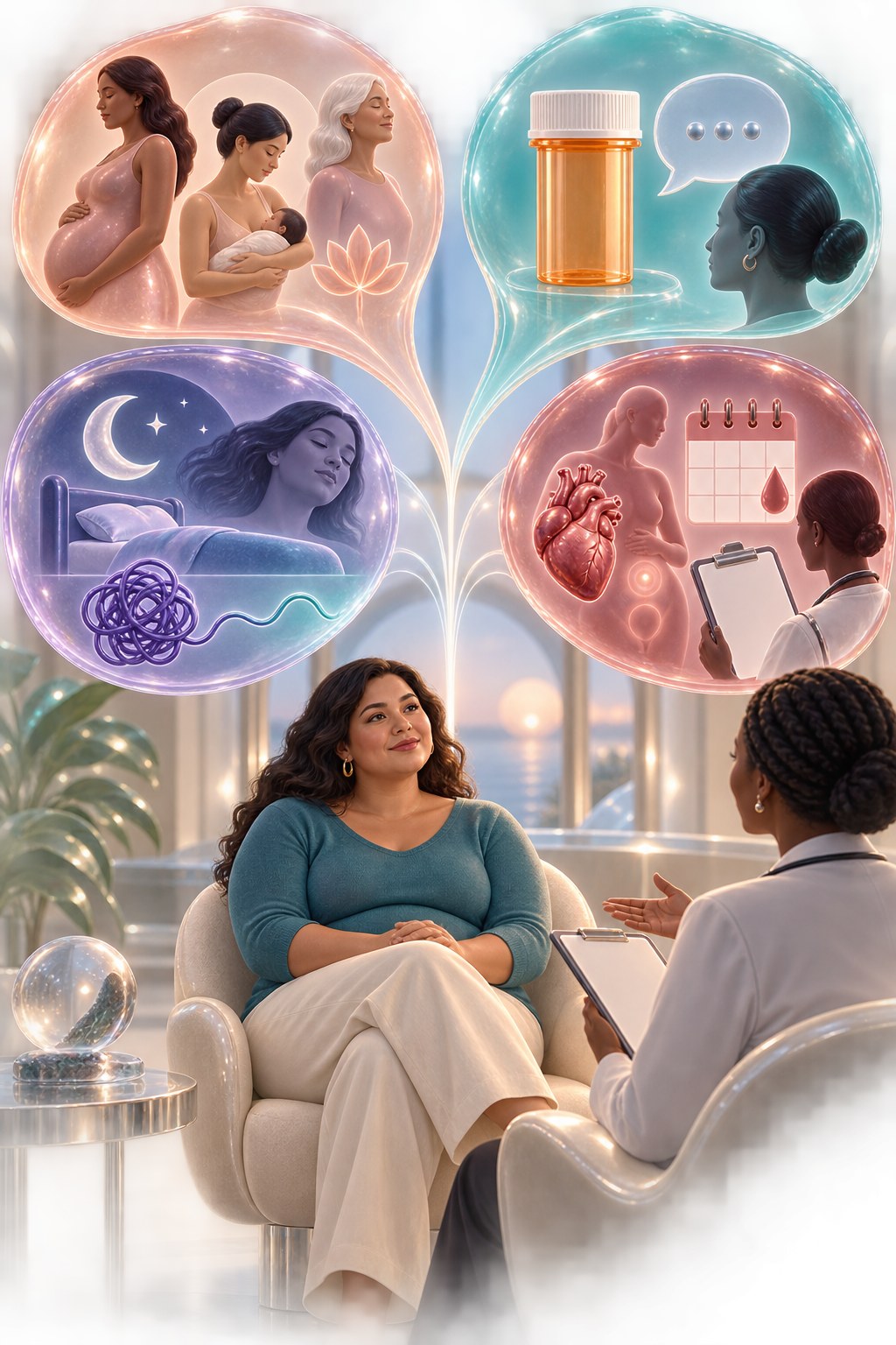Resin bubbles show life stages, medication review, sleep and stress, and symptoms around a woman talking with a clinician.