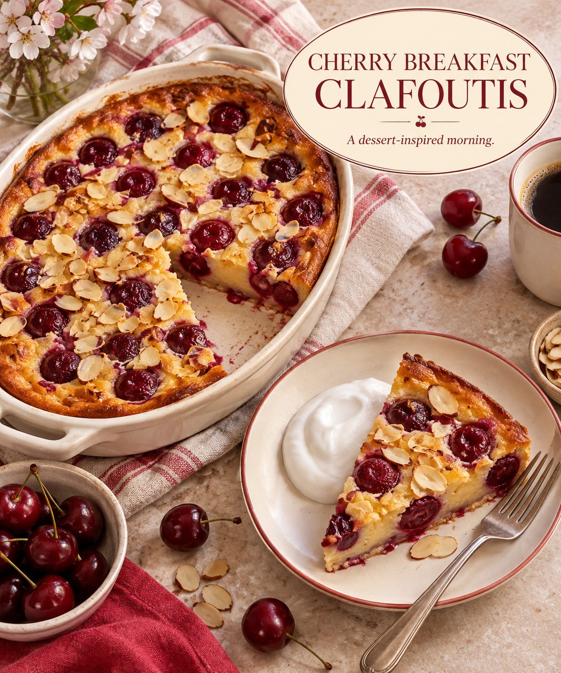 A slice of cherry clafoutis with slivered almonds and plain yogurt beside the words Cherry Breakfast Clafoutis.
