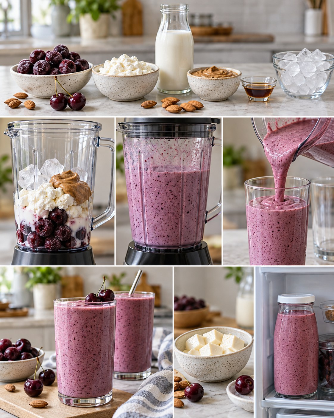 Frozen cherries, cottage cheese, milk, almond butter, vanilla, and ice blended into a purple smoothie