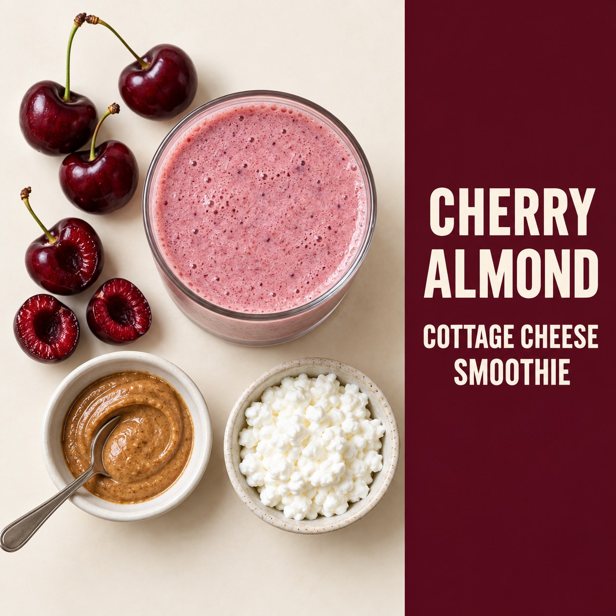 Pink cherry almond cottage cheese smoothie in a short glass with pitted cherries and almond butter in an overhead recipe-card design.