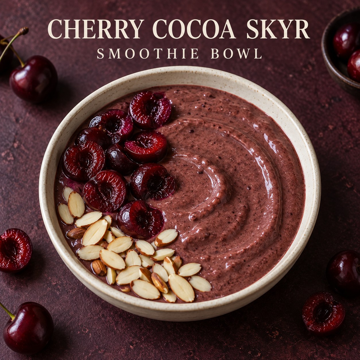 Chocolate cherry smoothie bowl topped with cherry halves and sliced almonds on a dark cherry-colored table.