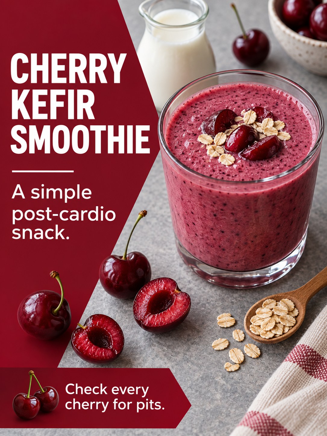 Burgundy cherry kefir smoothie in a clear tumbler with pitted cherries and oats, beside a simple post-cardio snack headline.